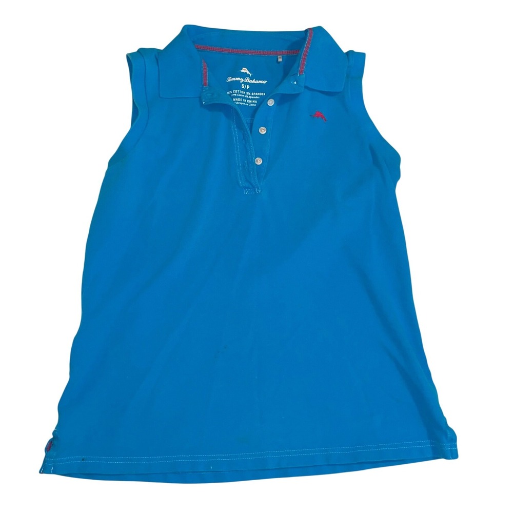 Tommy Bahama Womens Small Blue Sleeveless Polo Shirt Marlin Logo Pique Knit